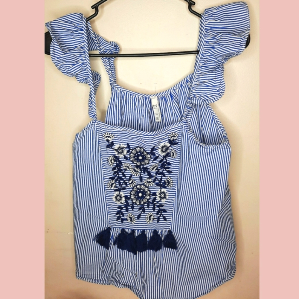 Zara Trf Women's Blue Small Stripe Floral Top NWOT